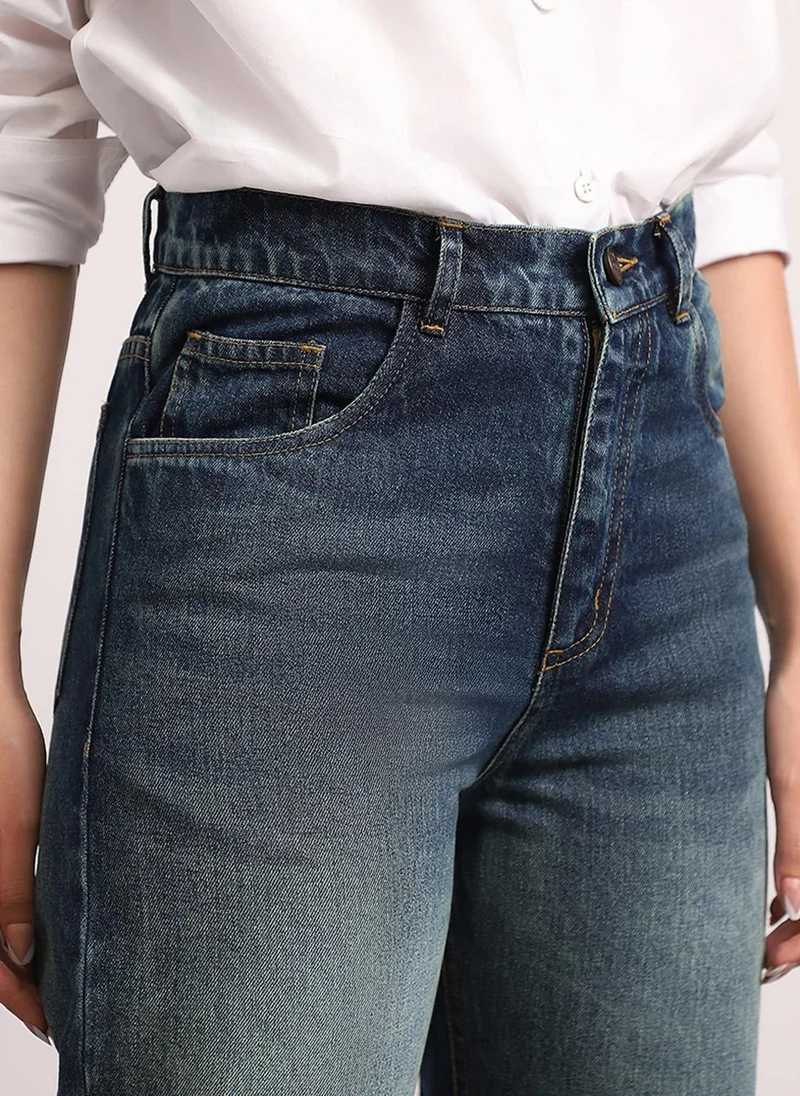 Urbano Fashion  Urbano Fashion Women's Dark Blue High Rise Straight Fit Washed Jeans Non-Stretchable for Women | Best Price UAE